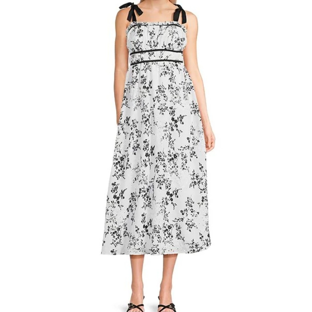 Black and White Floral Midi Dress with Tie Straps